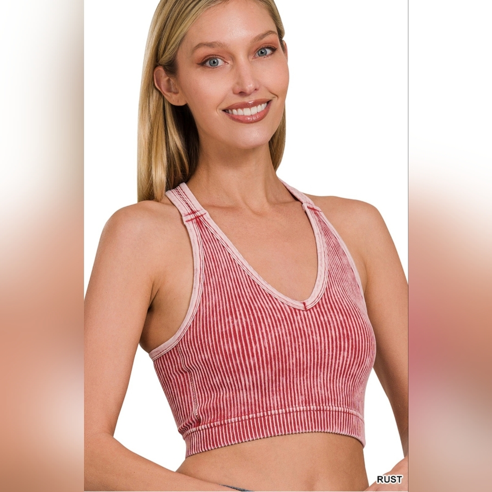 #888 ZENANA STONE WASHED SEAMLESS RACERBACK TANK TOP/BRA W/ BRA PADS (VARIOUS)